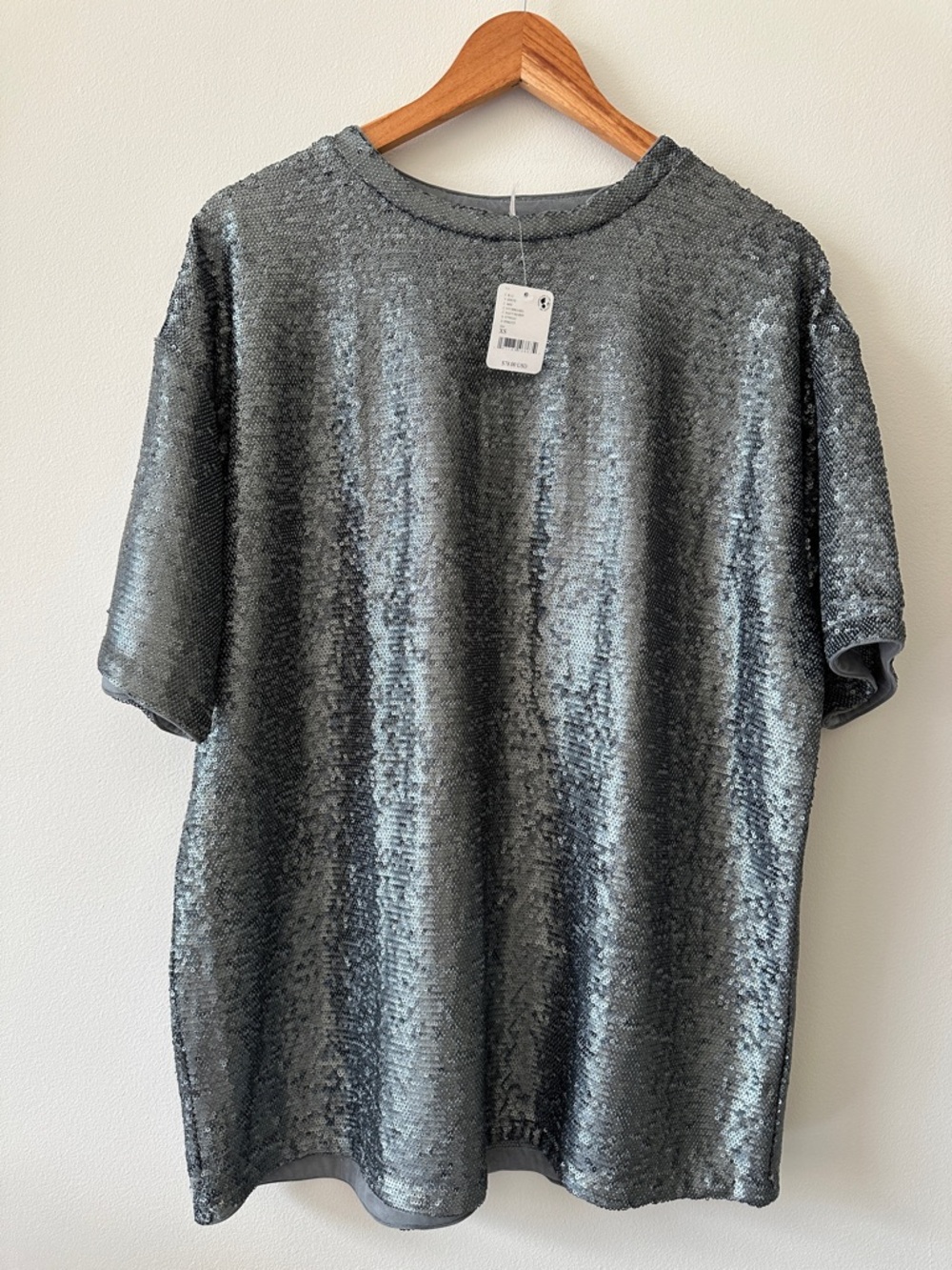 NWT Free People Oversized Blue Gray Silver Sequin Short Sleeve Tee - Size XS